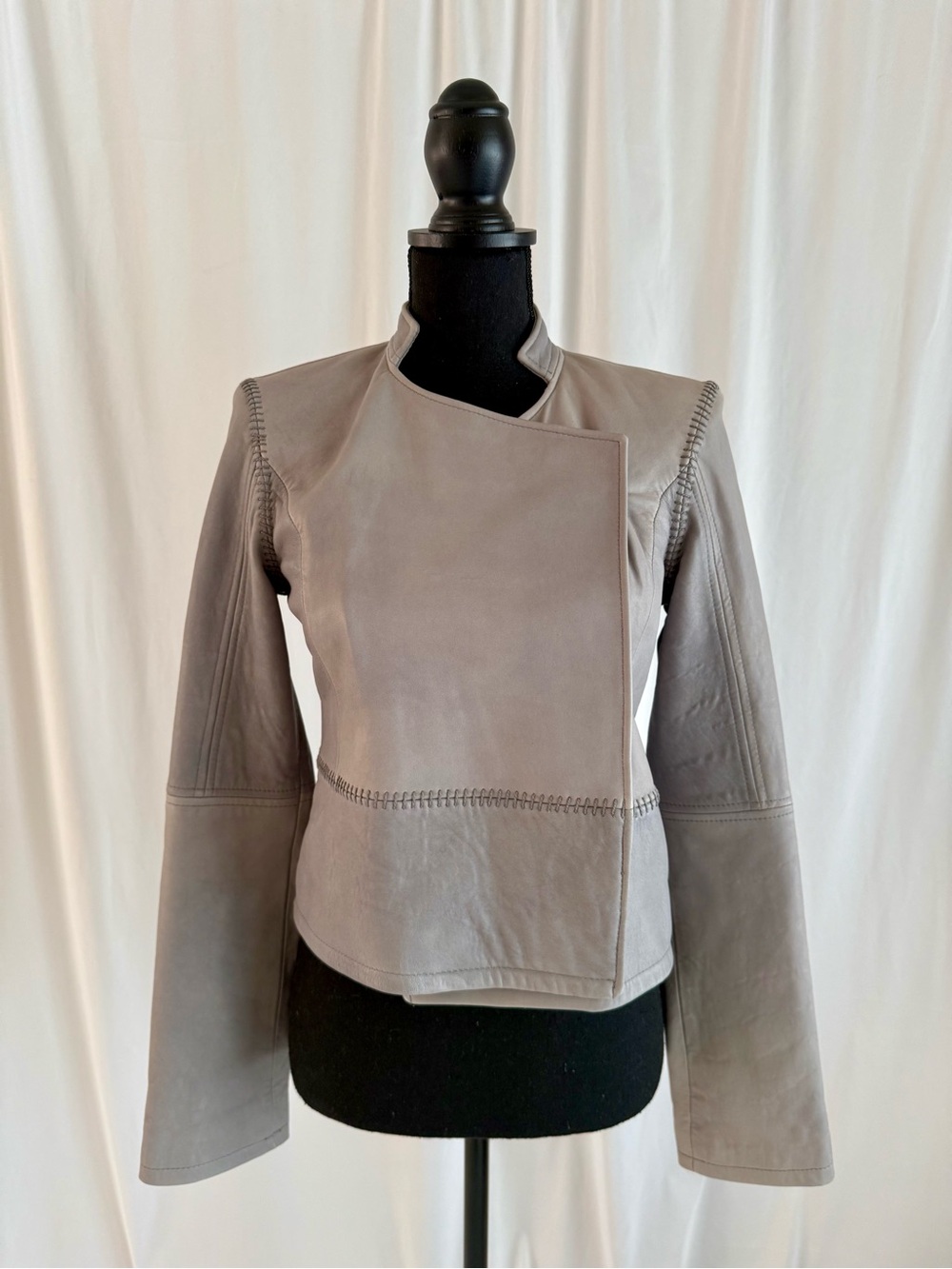 100% Leather Moto Jacket Asymmetric Whipstitch Taupe Gray XS/S Y2K Bikercore